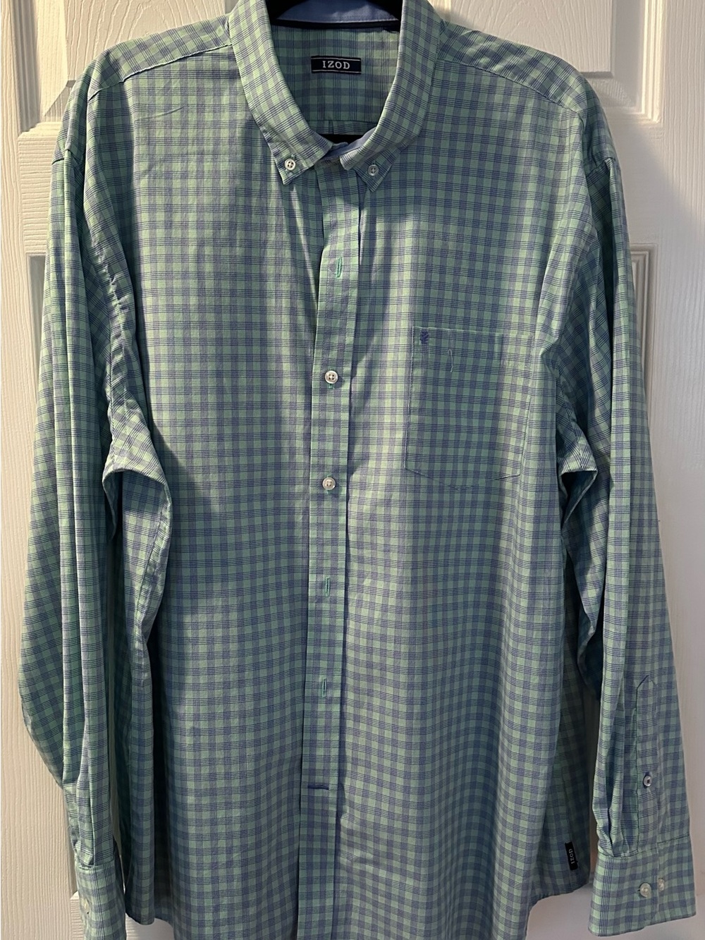 Izod Men’s Light Green and Blue Gingham Button-Down Shirt